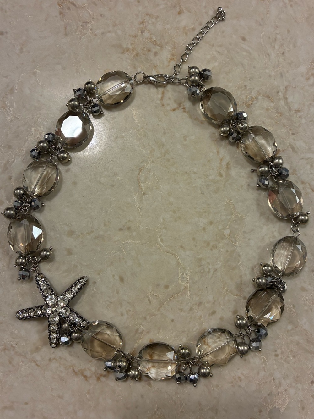 Crystal Starfish Pendant Beaded Necklace - Clear/Silver